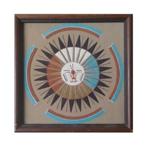 Vintage Southwestern Sand Painting Sun & Eagle | Framed 1960s Art